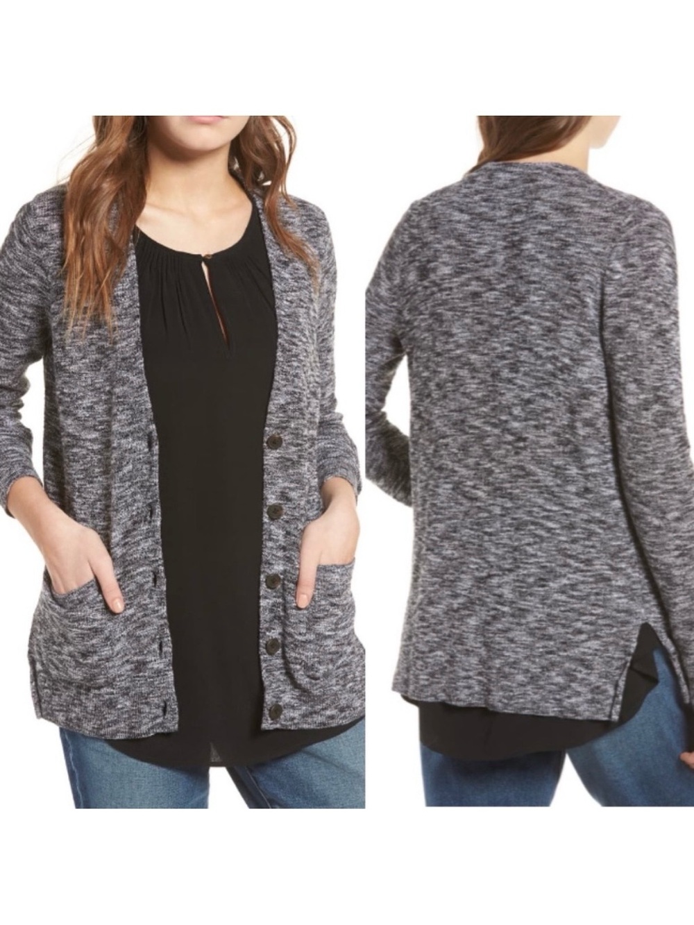 Madewell Fieldwalk Button Front V-Neck Cotton Cardigan Sweater: Black/White
